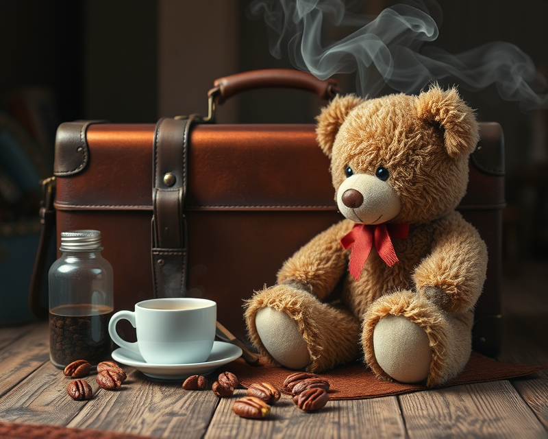 suitcase, pecan, coffee, teddy bear, smoke